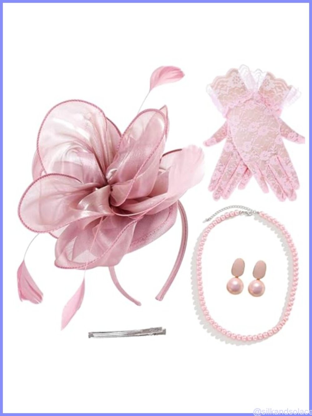 4PC Fascinator Hat Set Lace Gloves Pearl Necklace Earrings Mesh Veil